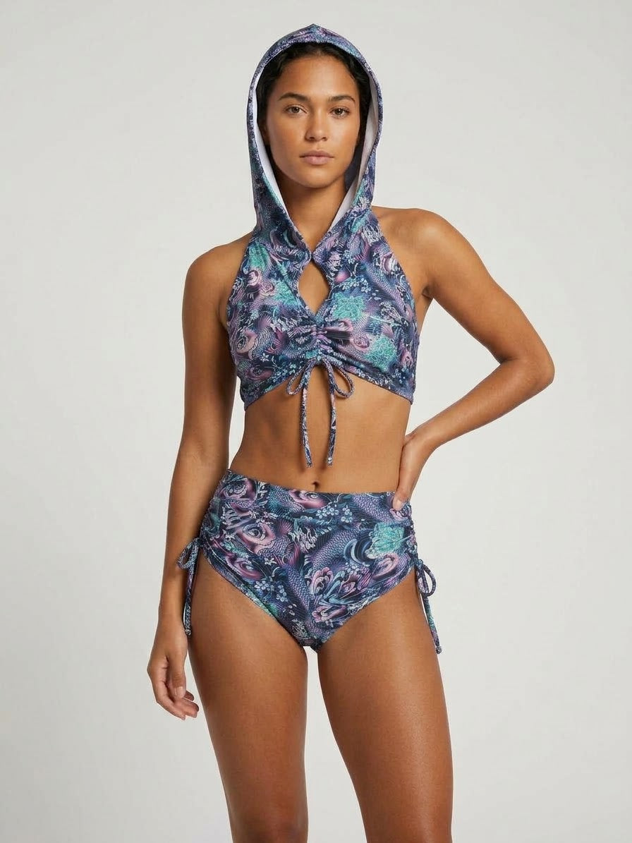 Koi Floral Print Hooded Festival Two-Piece Set
