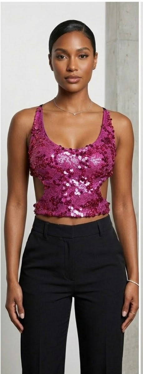 Back of pink sequin lace-up festival top