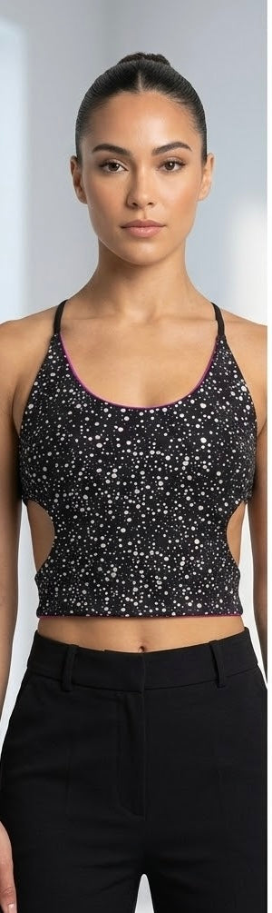 Front view of reversible UV-reactive black festival top