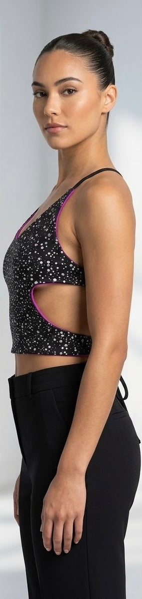 Side view showing cutout and purple trim
