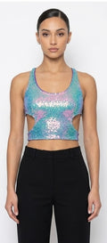 Front view of iridescent pastel sequin crop top