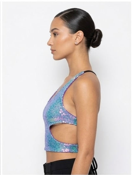 Side view showing cutout on pastel sequin top